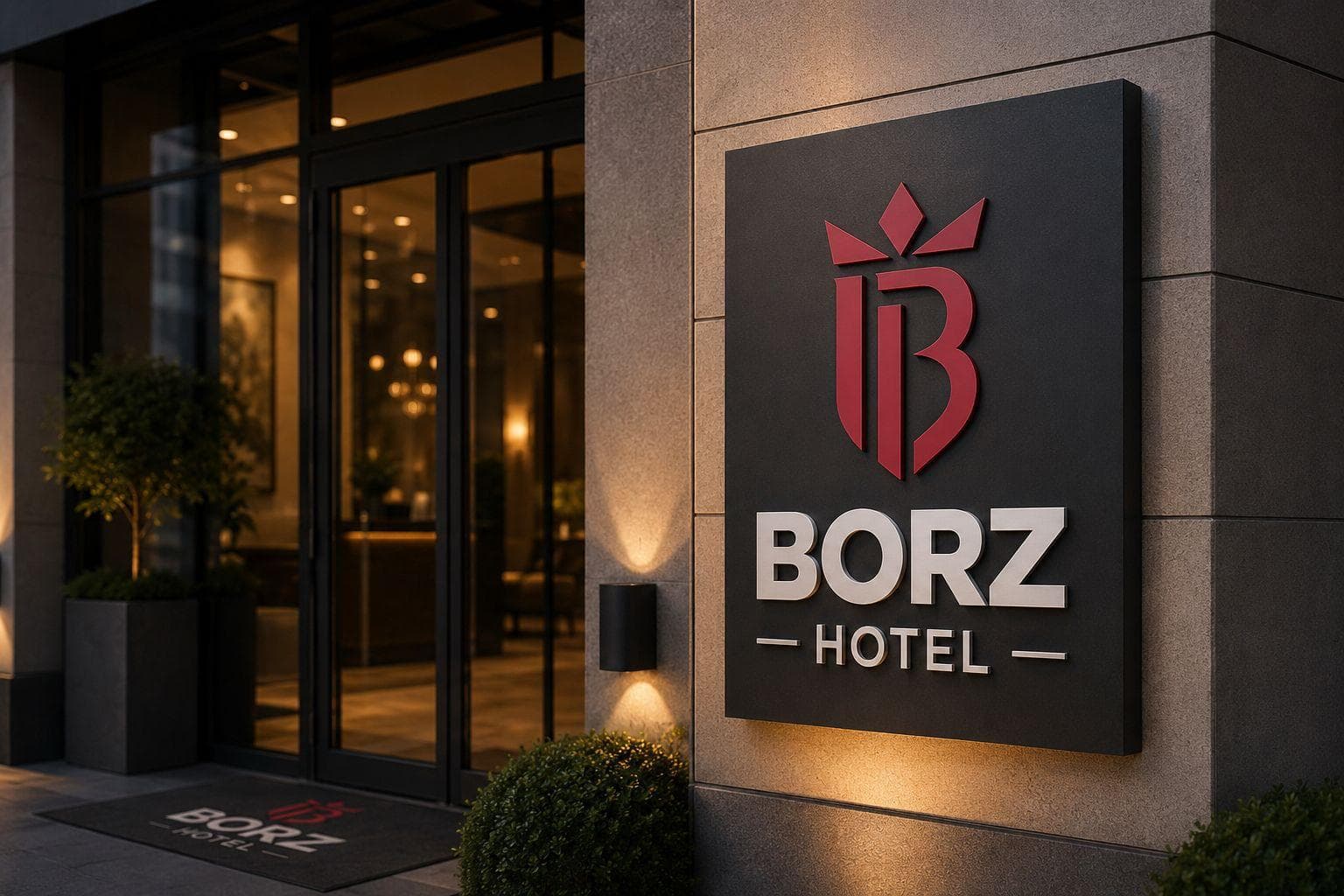Borz Hotel girişindeki kırmızı taç-B logosu ve aydınlatılmış tabela